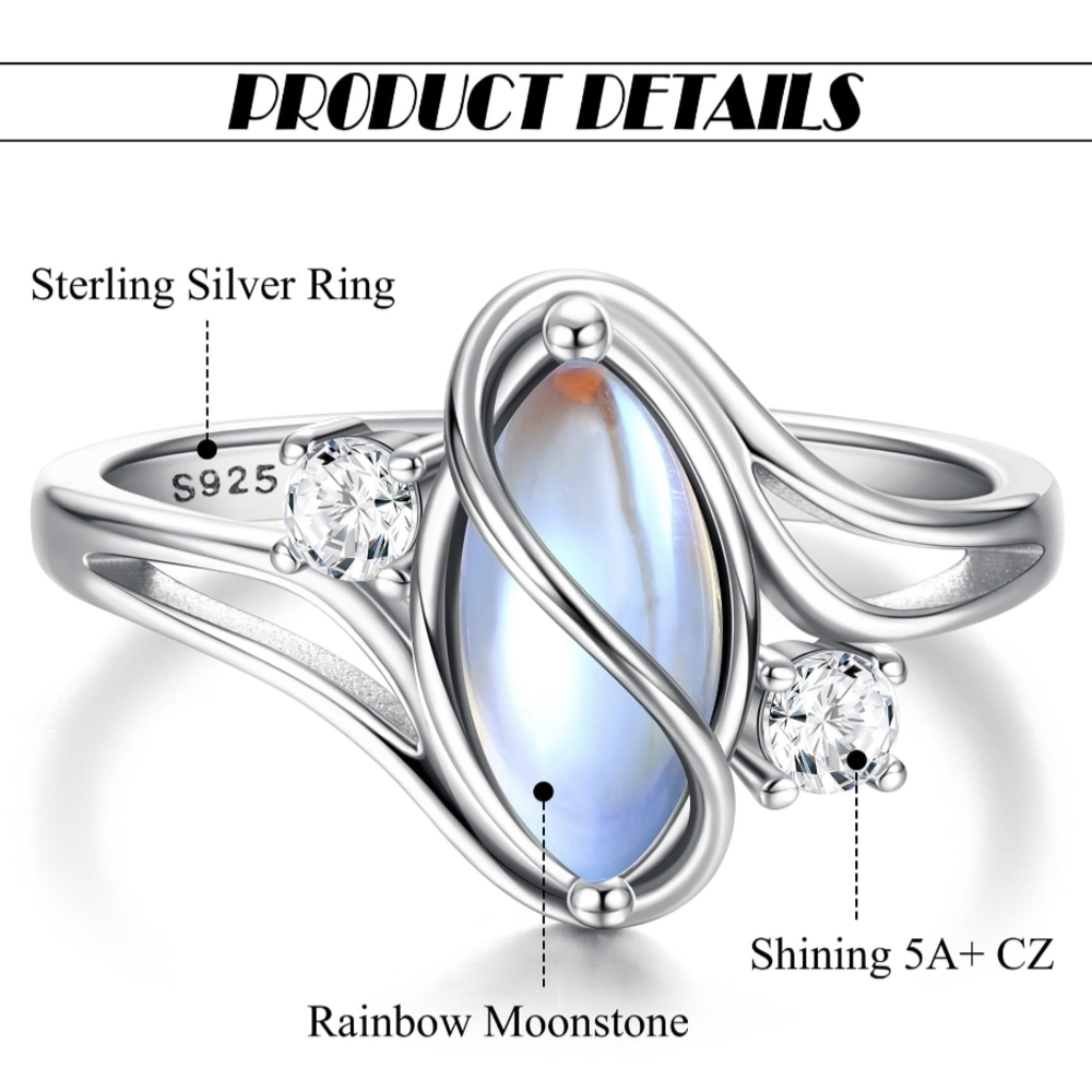 925 Silver Rainbow Moonstone Zirconia Silvery Ring Size 8 Celtic Rings - Picture 6 of 12